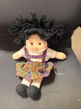 Classic Plush Rag Doll in Black Hair with Plaid Dress